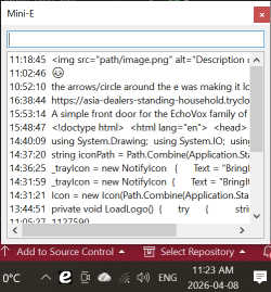 Mini-E panel showing saved clips and search